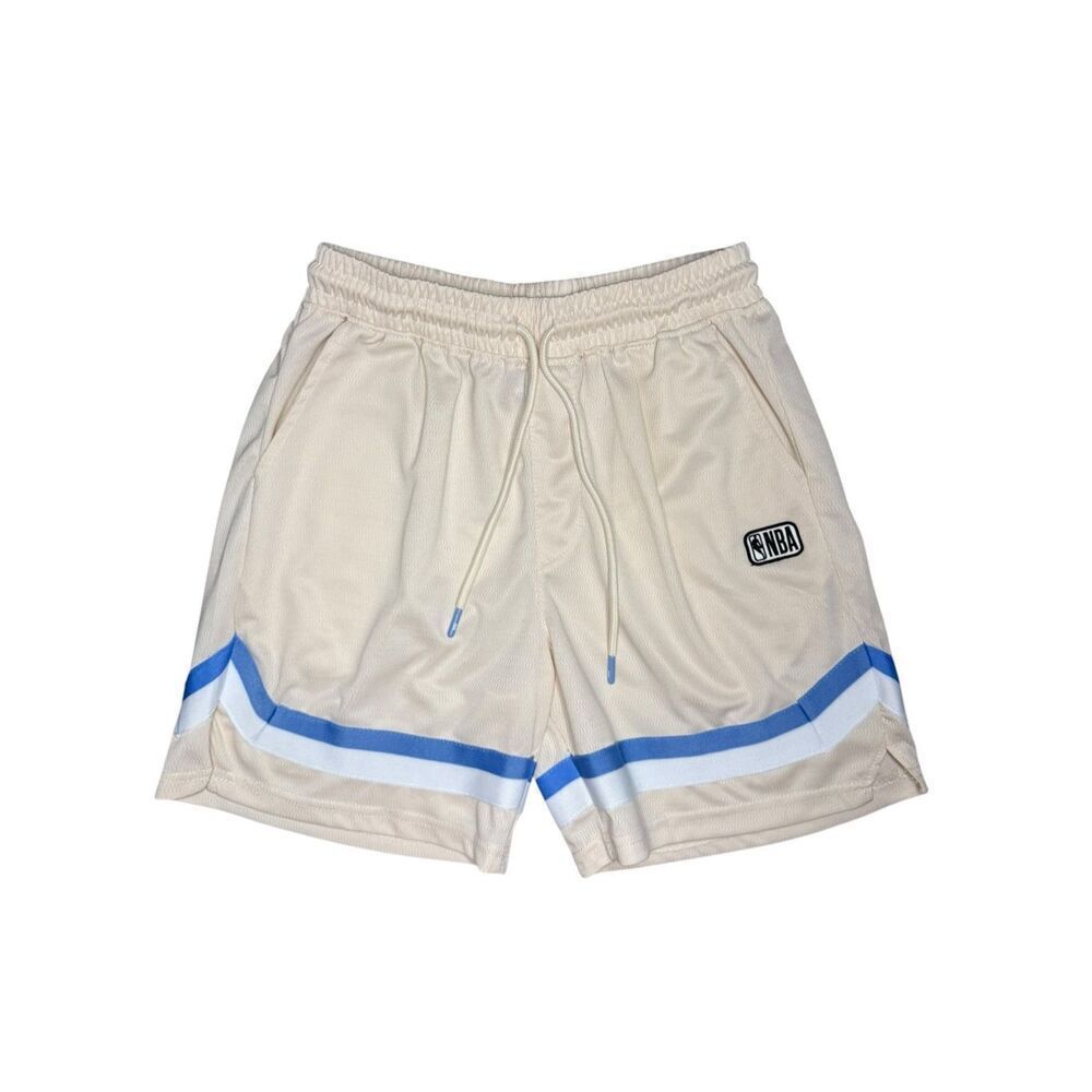 NBA Boys Large Basketball Shorts Beige Blue Drawstring Pockets‎